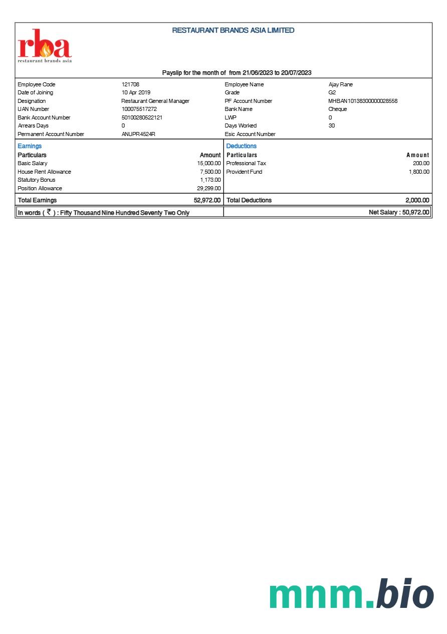 Restaurant Brands Asia payslip template w formatach Word i PDF